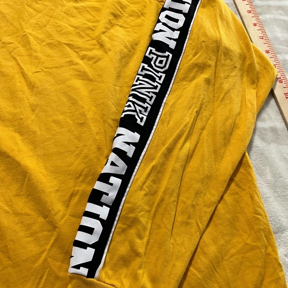 PINK Victoria's Secret Yellow Long Sleeve Tee with Striped Sleeves L - Picture 3 of 5